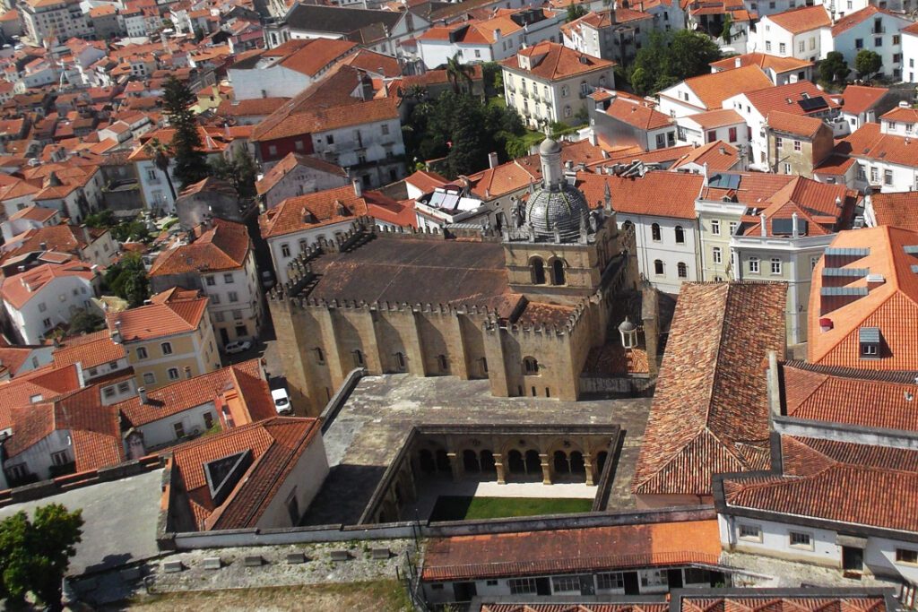 Sé Velha basilica, the old cathedral, and the adjacent monastery, seen from the Torre da Universidade, the university's tower.  